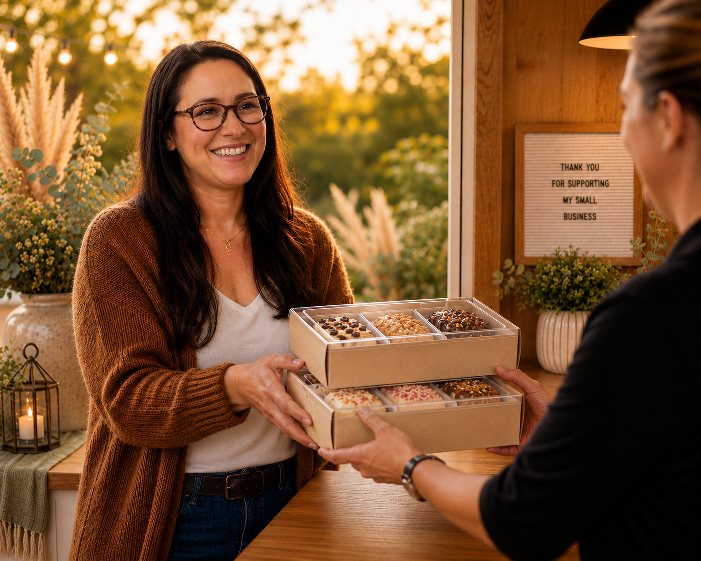 A Sweetly Built customer handing branded cake boxes to a happy guest