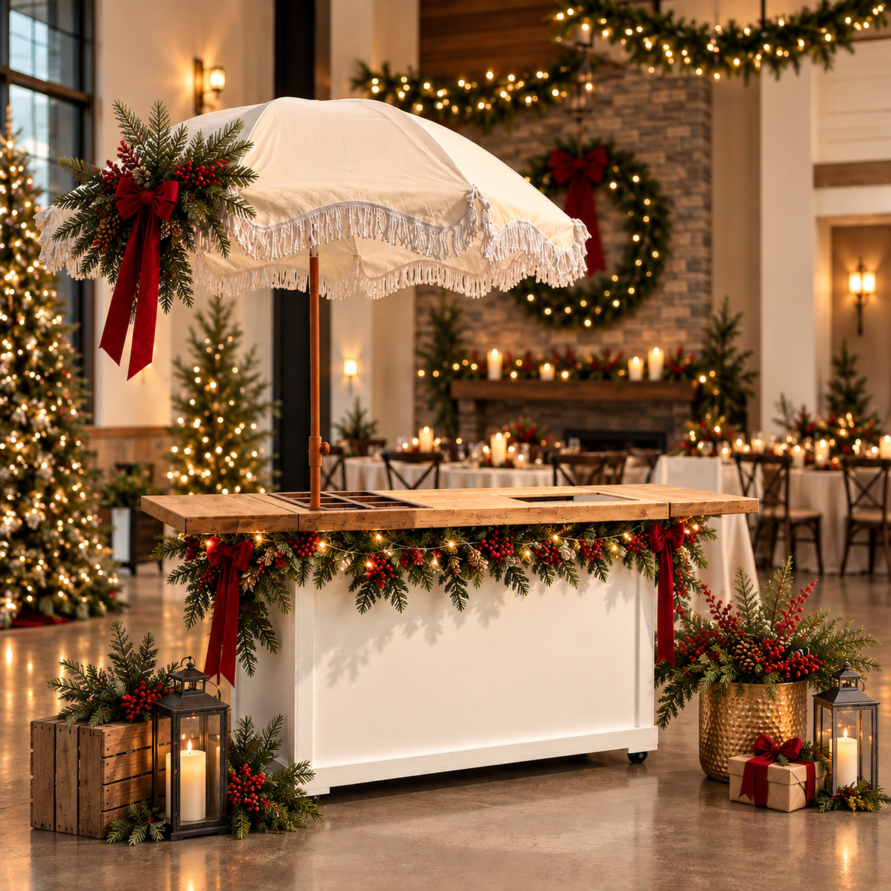 Sweetly Built cake cart styled for the holidays with garland, red velvet bows, candles, and twinkle lights