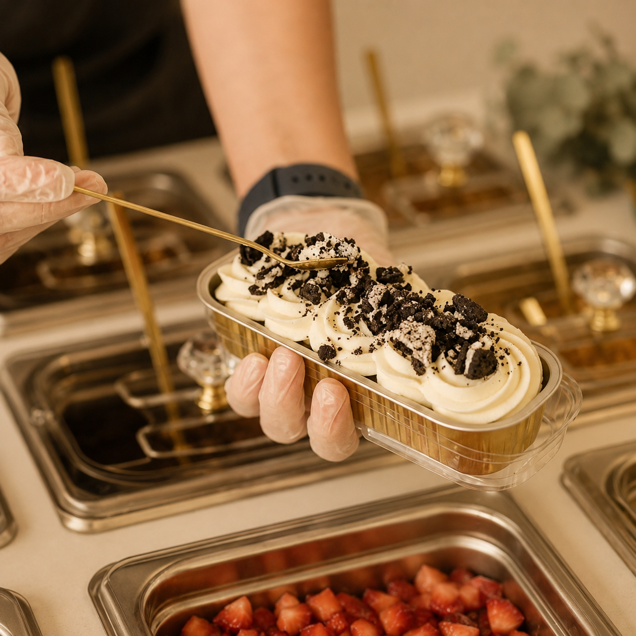 Gloved hands adding cookie crumbles to a mini cake at the Sweetly Built bar