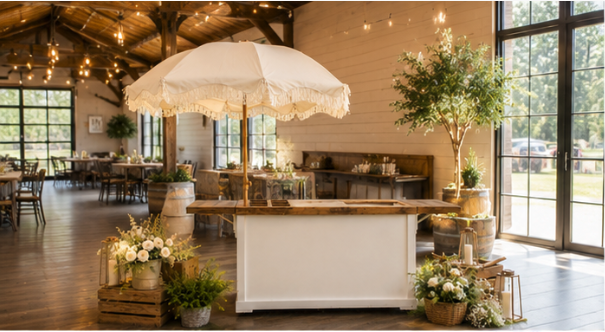 Sweetly Built cake cart with fringed umbrella inside a rustic barn venue